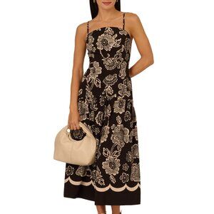 Adrianna Papell Square-Neck Floral-Print Midi Dress – Black/Ivory NWT Size 4